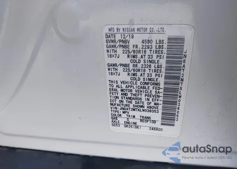 2020 Nissan Rogue Sv Fwd from USA, damaged, VIN JN8AT2MTXLW036053